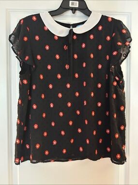 CeCe Black Chiffon Blouse with White Collar and Red Floral Dots